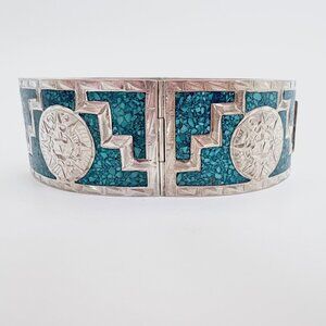 Sterling Silver Turquoise Inlay Aztec Calendar Motifs Hinged Cuff Bracelet 6.75"